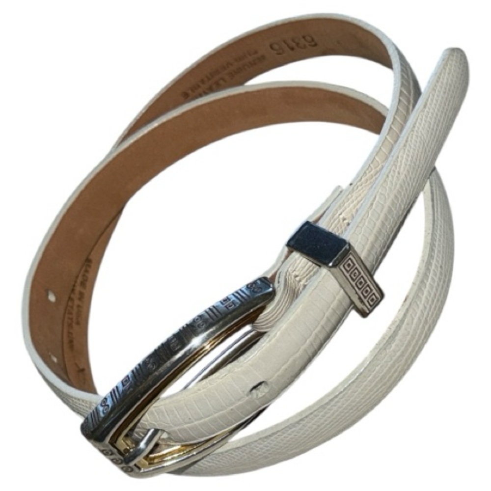 Talbots Cream Reptile Print Thin Leather Belt Mixed Metal Silver Gold Buckle XS - Picture 11 of 12